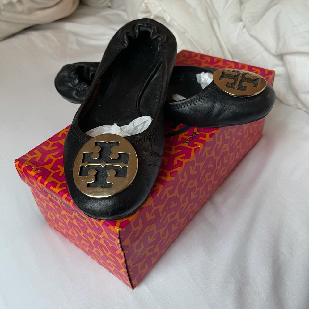Tory Burch black and gold Reva ballet flats